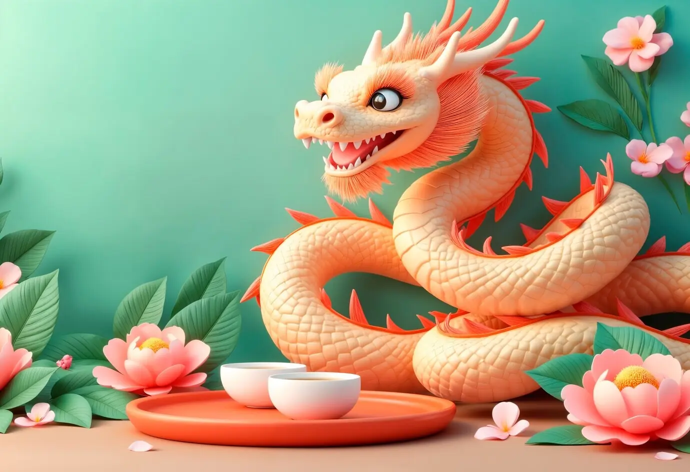 Niedlicher chinesischer Drache mit Tee