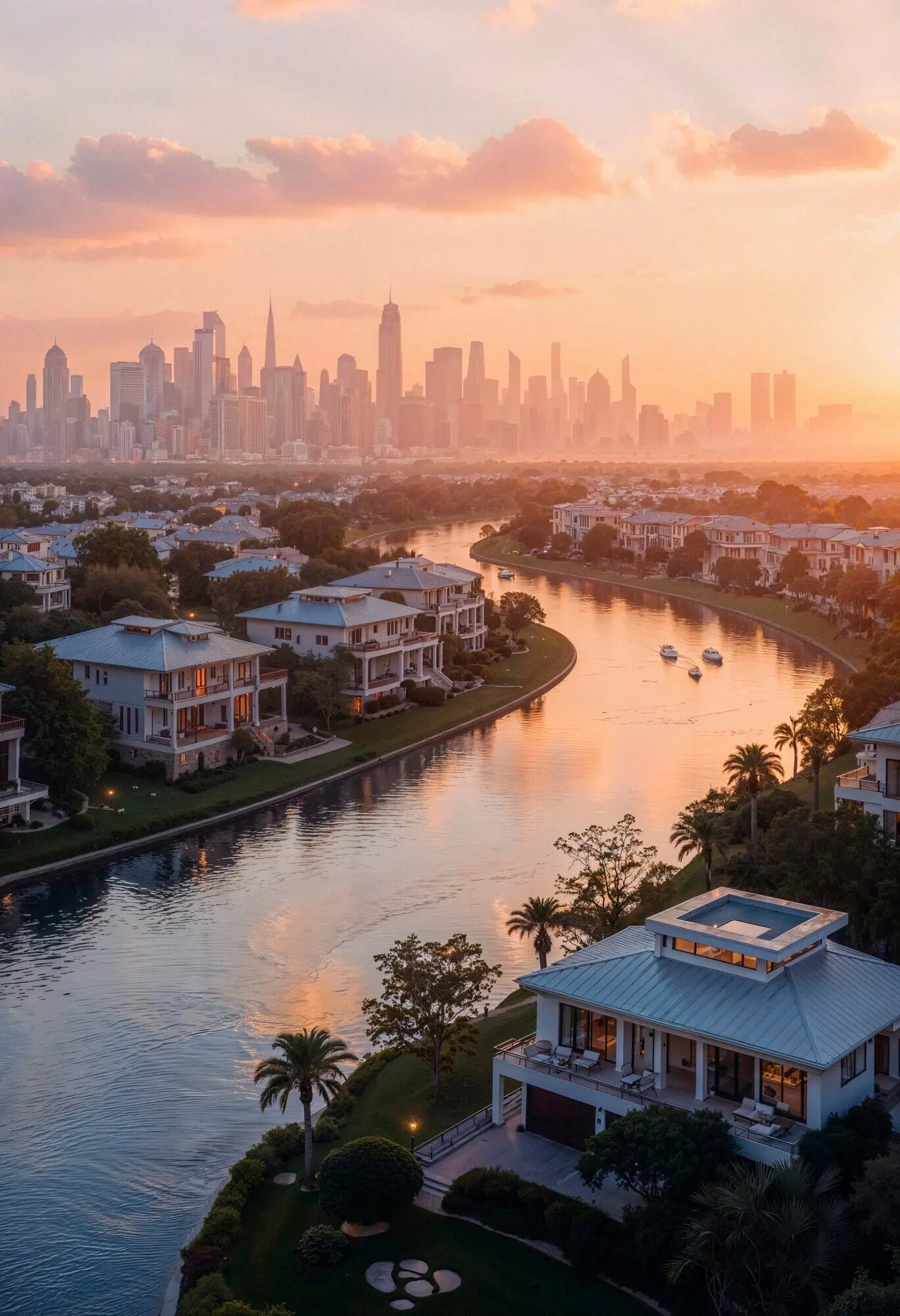 Luxuriöse Wohnhäuser am Wasser bei Sonnenuntergang mit Stadtsilhouette.